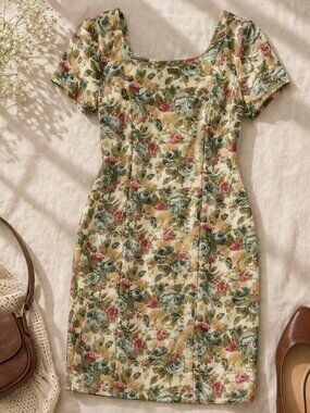 VTG Express Floral Midi Dress Small Made in USA Square Neck Deep Back Style 4628